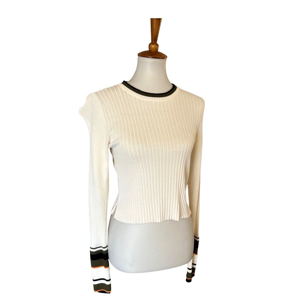 Topshop Ribbed Knit Sweater White with Striped Cuffs – Size US 8